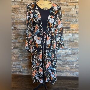 Anthropologie R. Ya Black Floral Kimono Festival Cover Up Robe Size 0/S